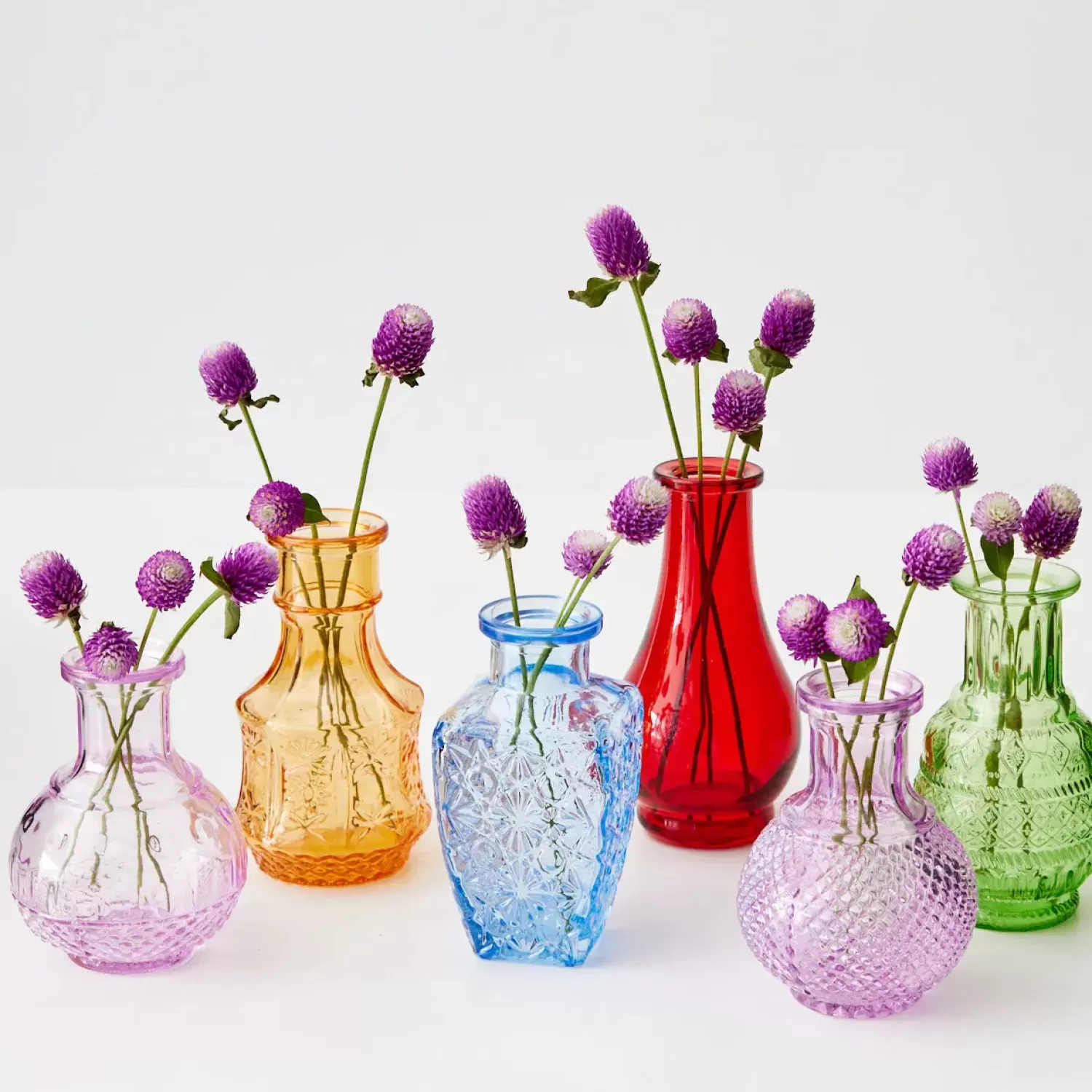 GigiandTom Vintage Bud Coloured Glass Vase Set 6* Vases